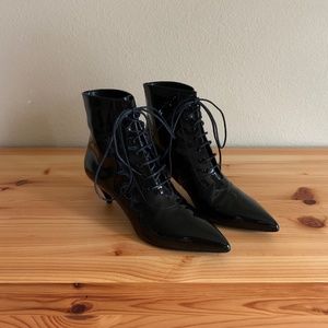 Saint Laurent Black Cat 50 Patent Leather Lace Up Ankle Boots/Booties